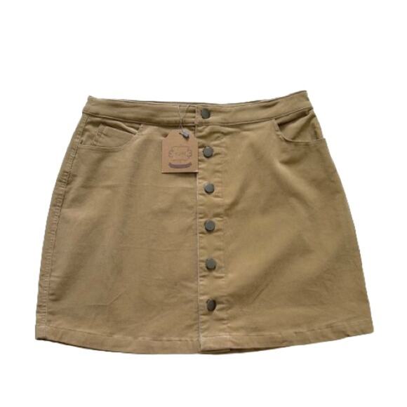 Kori Camel Tan Fine Corduroy Button Front Lightweight Mini Skirt Medium NEW - Picture 1 of 11